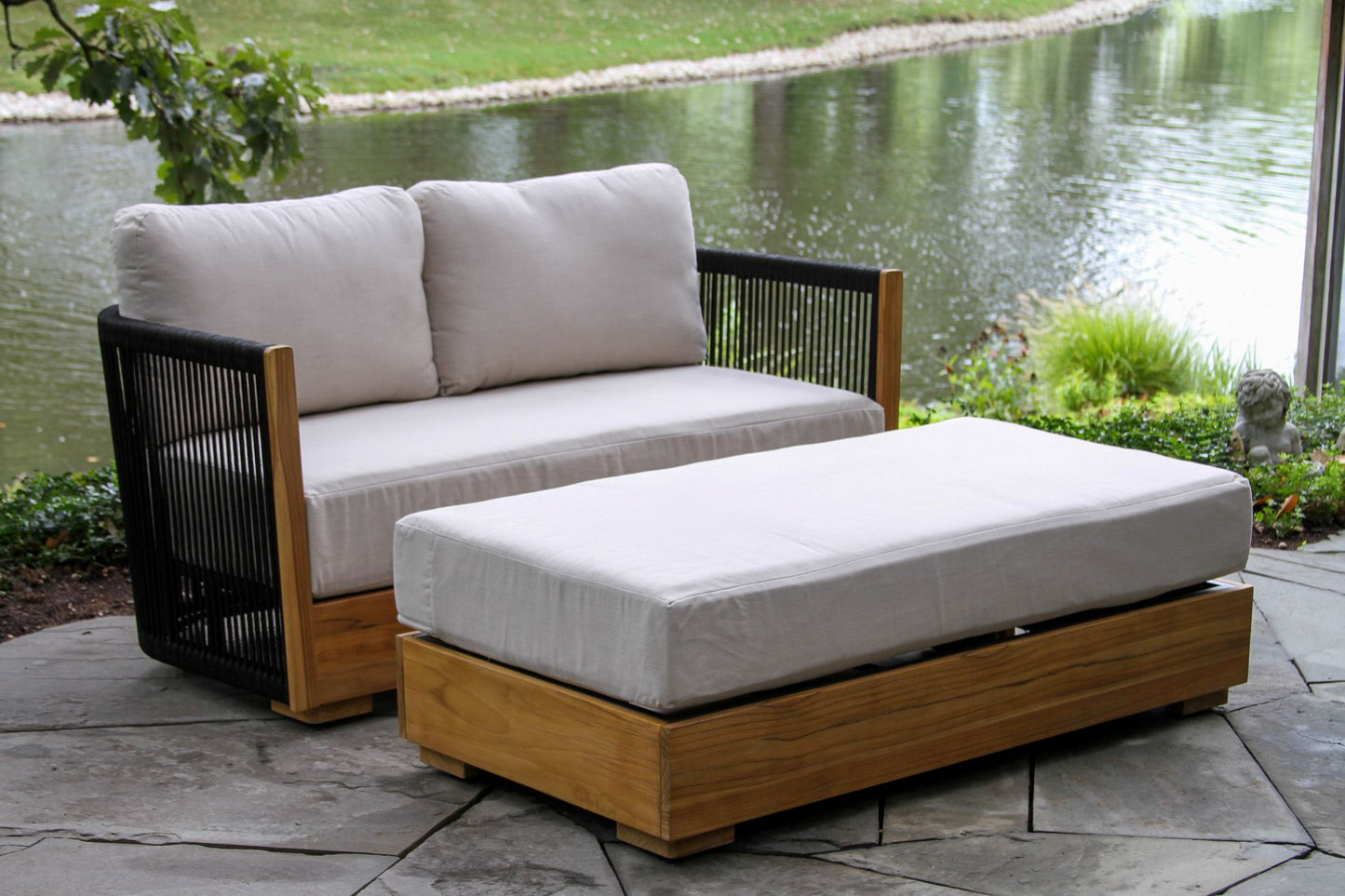 Teak and Black Rope Outdoor Loveseat w Sunbrella