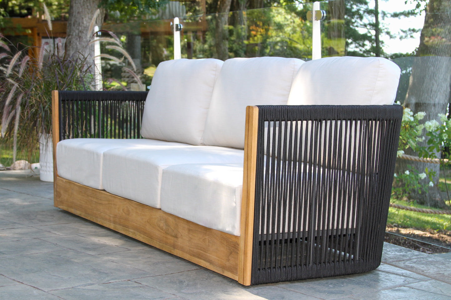 Teak and Black Rope Outdoor Sofa w Sunbrella