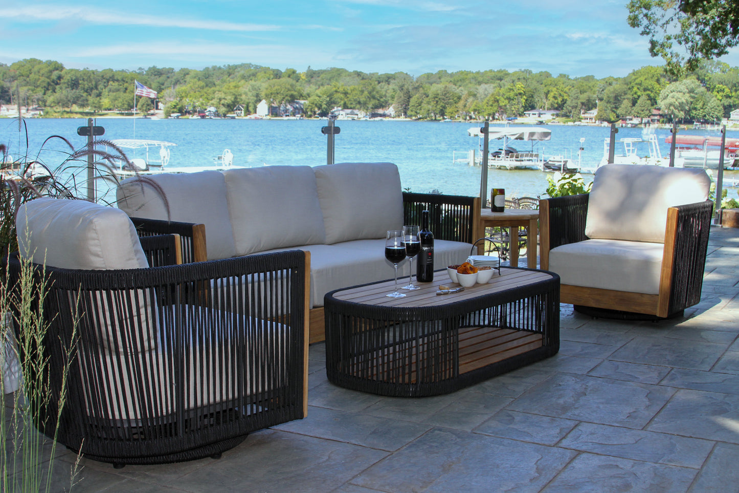 Teak and Black Rope Outdoor Sofa w Sunbrella