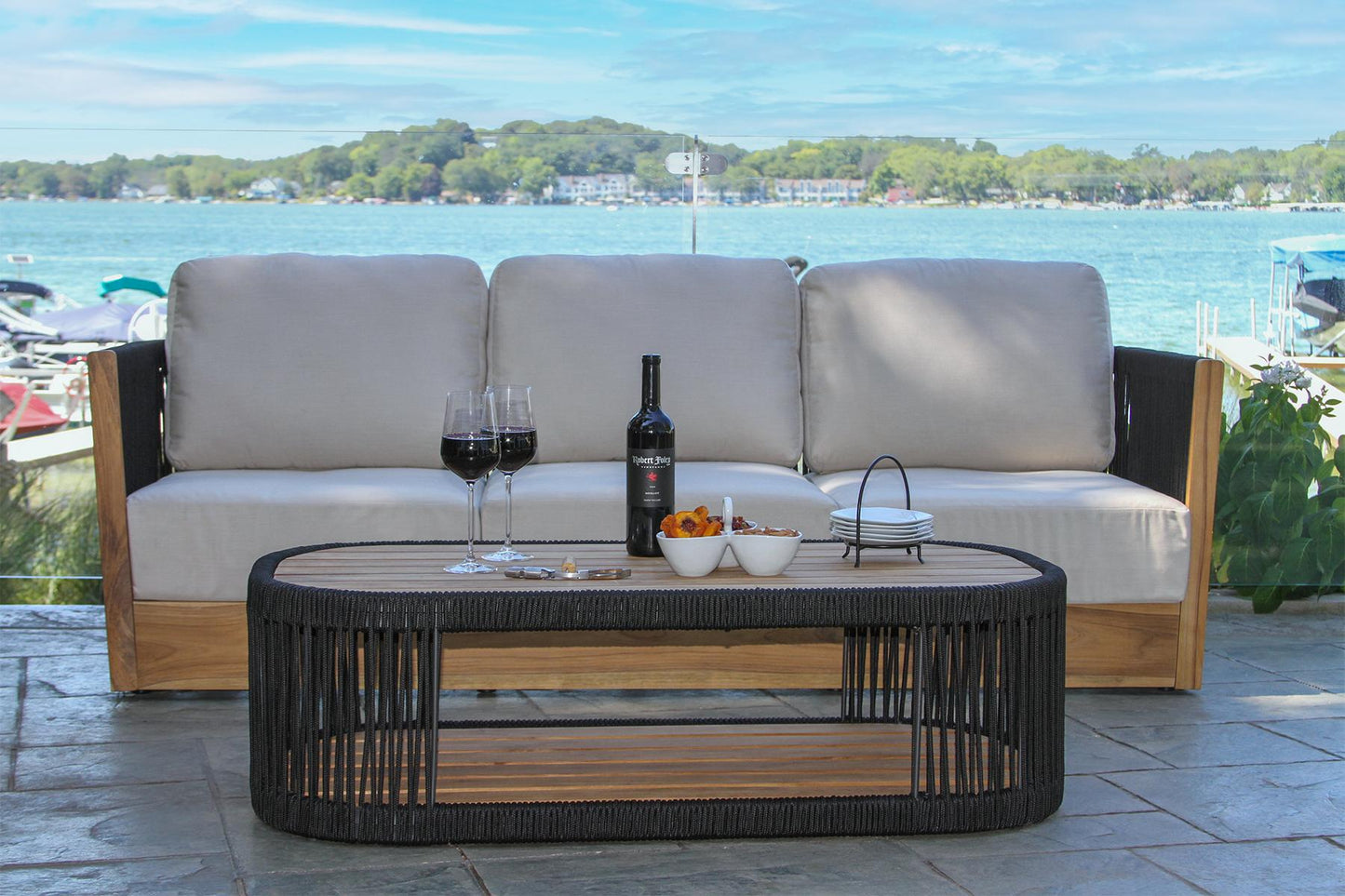 Teak and Black Rope Outdoor Sofa w Sunbrella