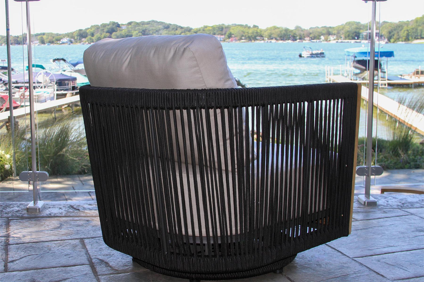 Black Rope and Teak Outdoor Swivel Chair w Sunbrella Cushions