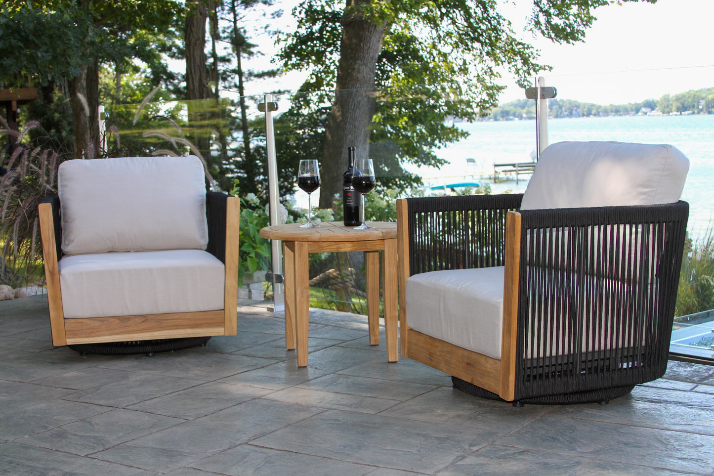 Black Rope and Teak Outdoor Swivel Chair w Sunbrella Cushions