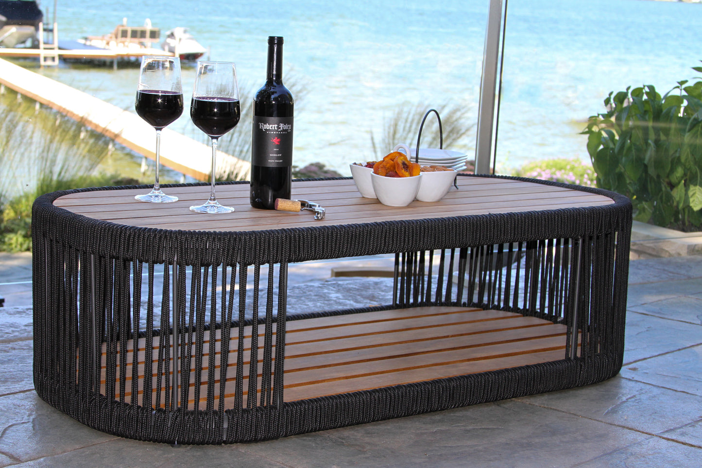 Teak and Black Rope Outdoor Coffee Table 47" x 23.5"
