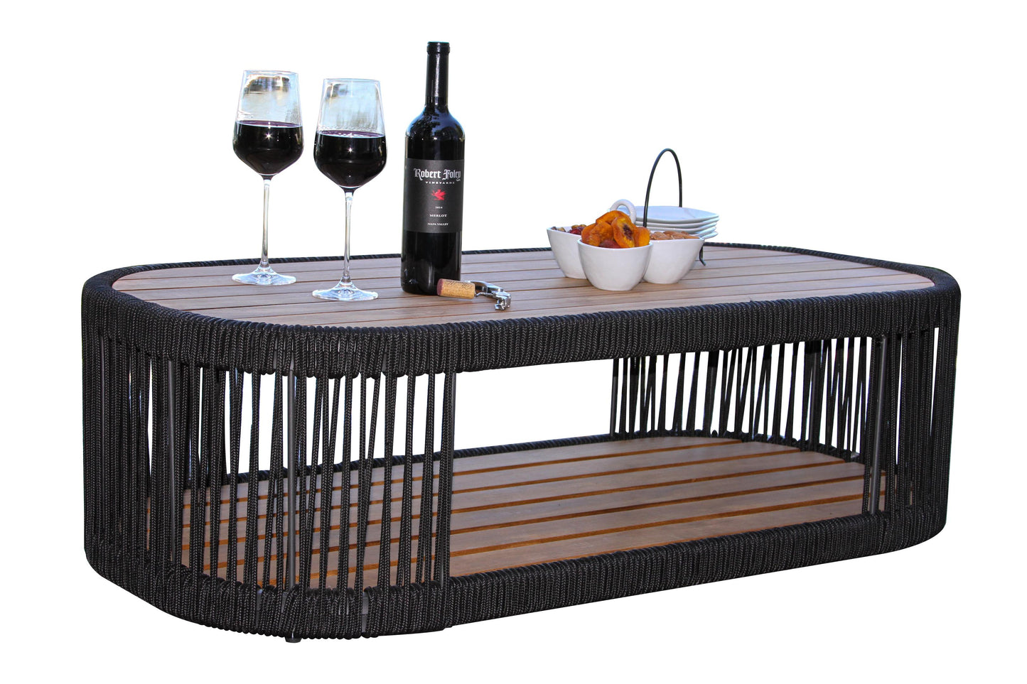 Teak and Black Rope Outdoor Coffee Table 47" x 23.5"