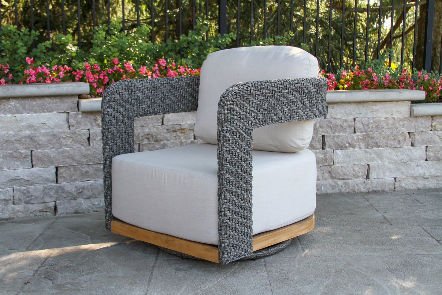 Estate Teak and Wicker Outdoor Swivel Chair w Sunbrella
