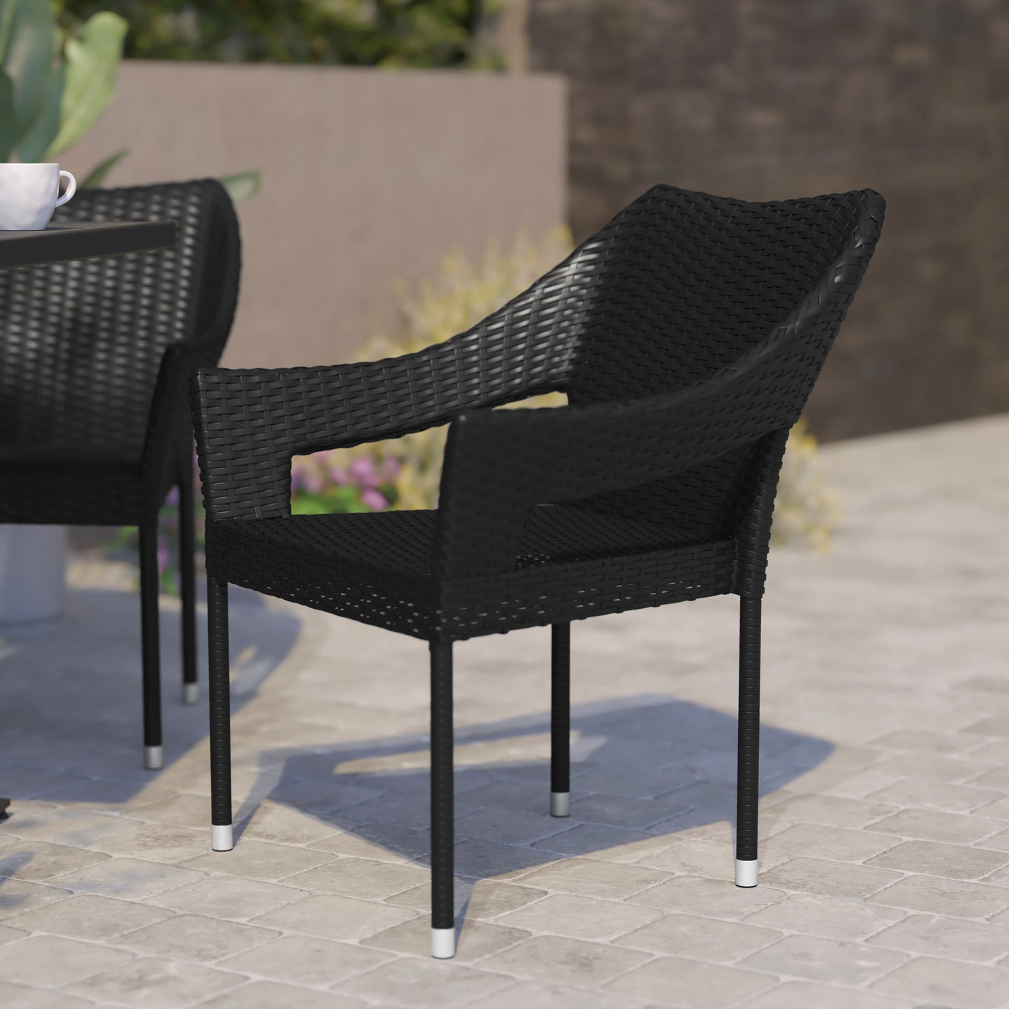 Ethan Commercial Grade Stacking Patio Chair, All Weather PE Rattan Wicker Patio Dining Chair in Black