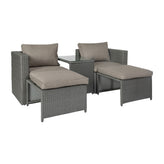 Nico Indoor/Outdoor Modular Loveseat Sofa Set with Table and Ottomans, Gray Cushions and Gray Rattan