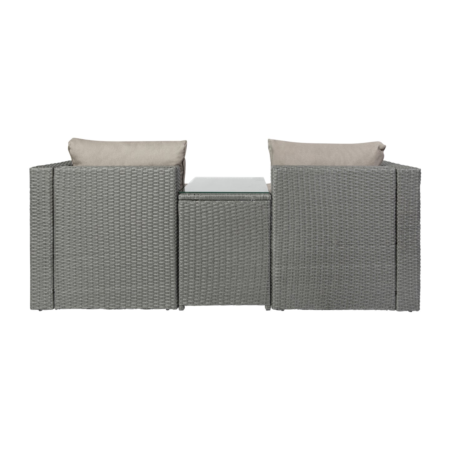 Nico Indoor/Outdoor Modular Loveseat Sofa Set with Table and Ottomans, Gray Cushions and Gray Rattan