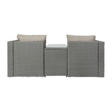 Nico Indoor/Outdoor Modular Loveseat Sofa Set with Table and Ottomans, Gray Cushions and Gray Rattan