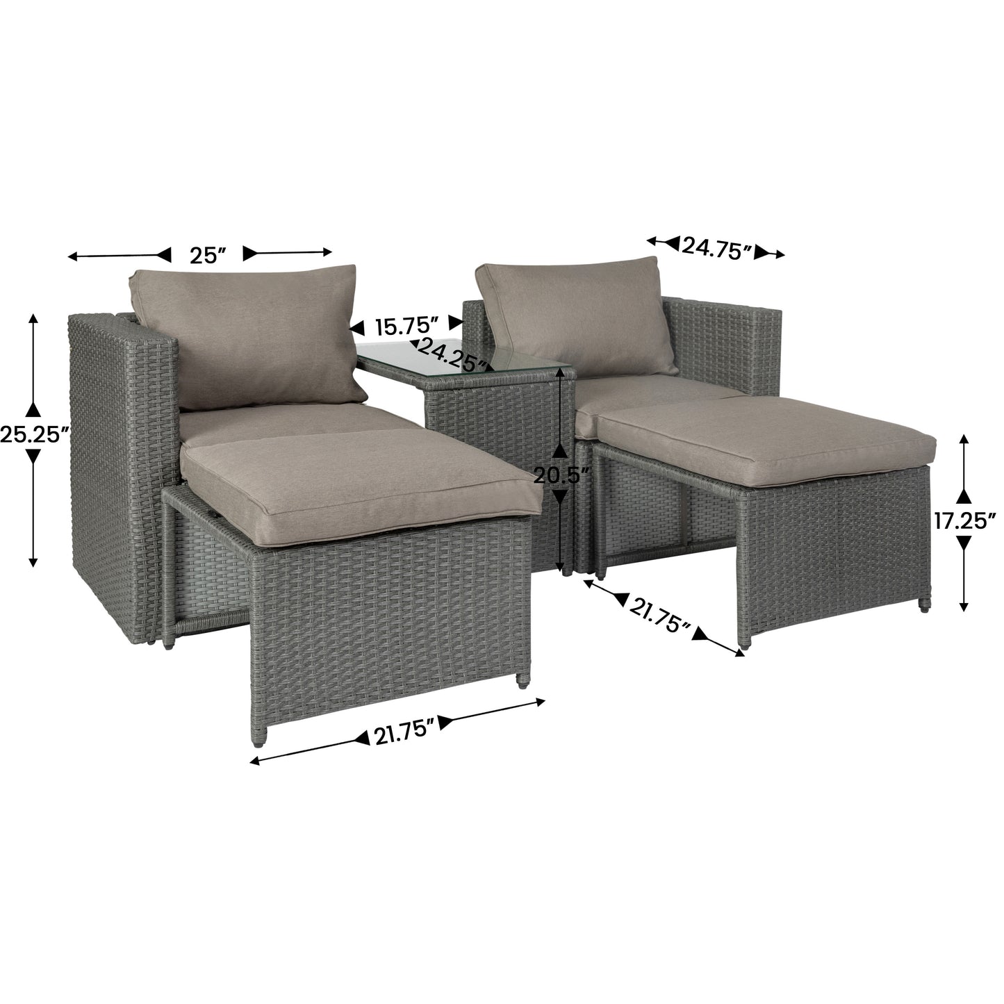 Nico Indoor/Outdoor Modular Loveseat Sofa Set with Table and Ottomans, Gray Cushions and Gray Rattan
