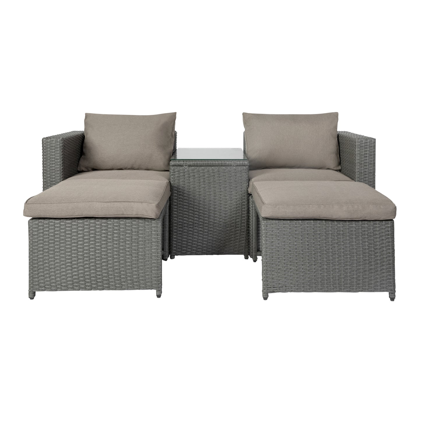 Nico Indoor/Outdoor Modular Loveseat Sofa Set with Table and Ottomans, Gray Cushions and Gray Rattan