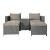 Nico Indoor/Outdoor Modular Loveseat Sofa Set with Table and Ottomans, Gray Cushions and Gray Rattan
