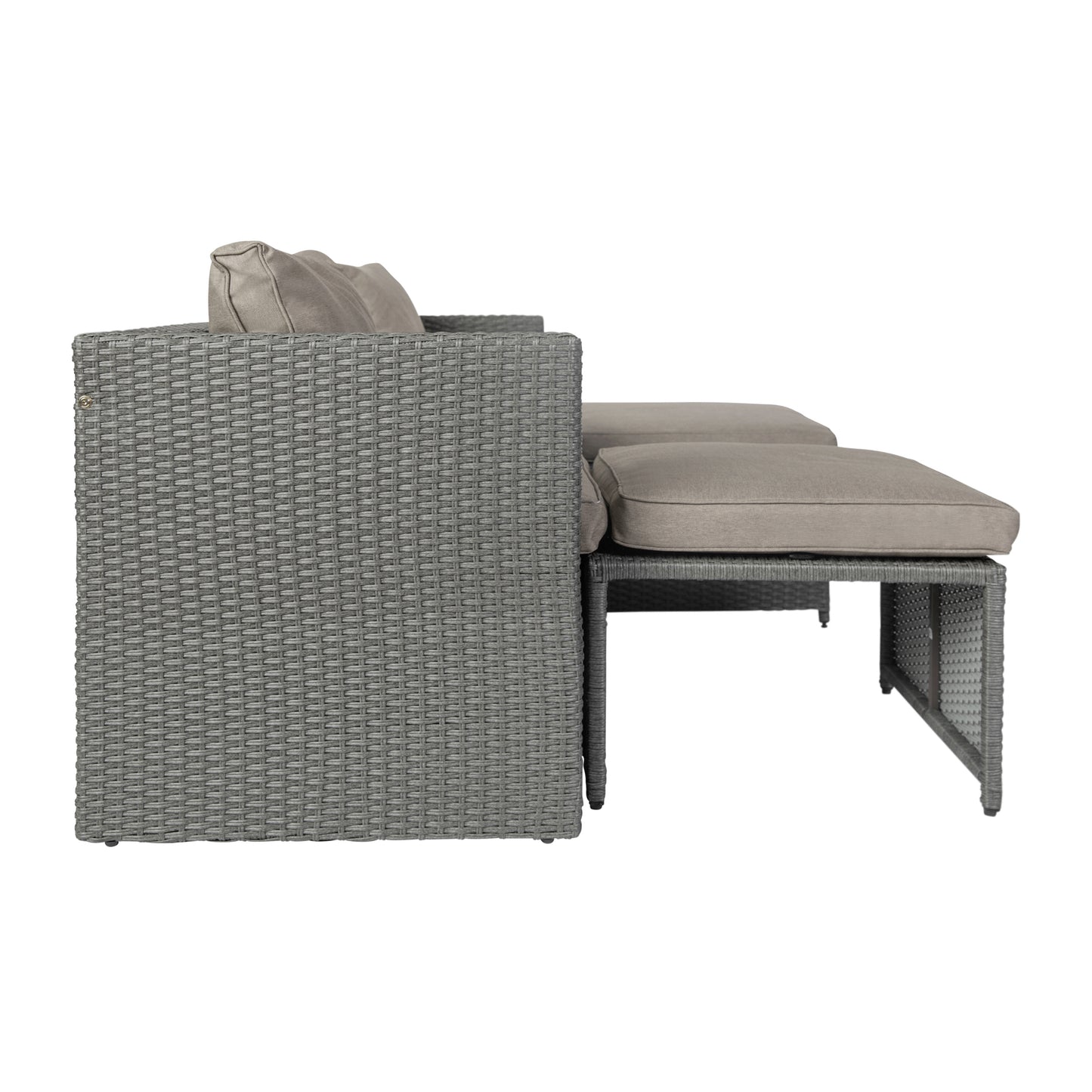 Nico Indoor/Outdoor Modular Loveseat Sofa Set with Table and Ottomans, Gray Cushions and Gray Rattan