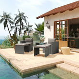 Nico Indoor/Outdoor Modular Loveseat Sofa Set with Table and Ottomans, Gray Cushions and Gray Rattan
