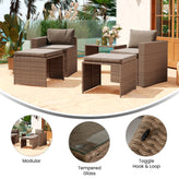 Nico Indoor/Outdoor Modular Loveseat Sofa Set with Table and Ottomans, Gray Cushions and Natural Rattan