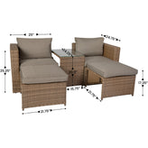 Nico Indoor/Outdoor Modular Loveseat Sofa Set with Table and Ottomans, Gray Cushions and Natural Rattan