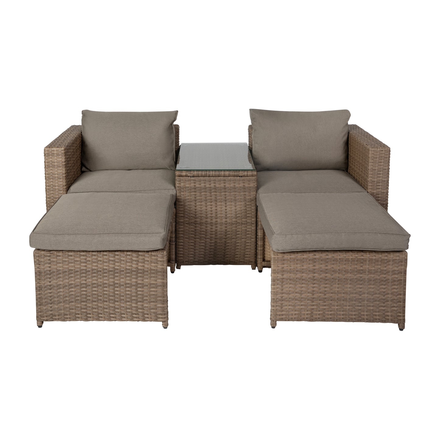 Nico Indoor/Outdoor Modular Loveseat Sofa Set with Table and Ottomans, Gray Cushions and Natural Rattan