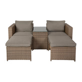 Nico Indoor/Outdoor Modular Loveseat Sofa Set with Table and Ottomans, Gray Cushions and Natural Rattan