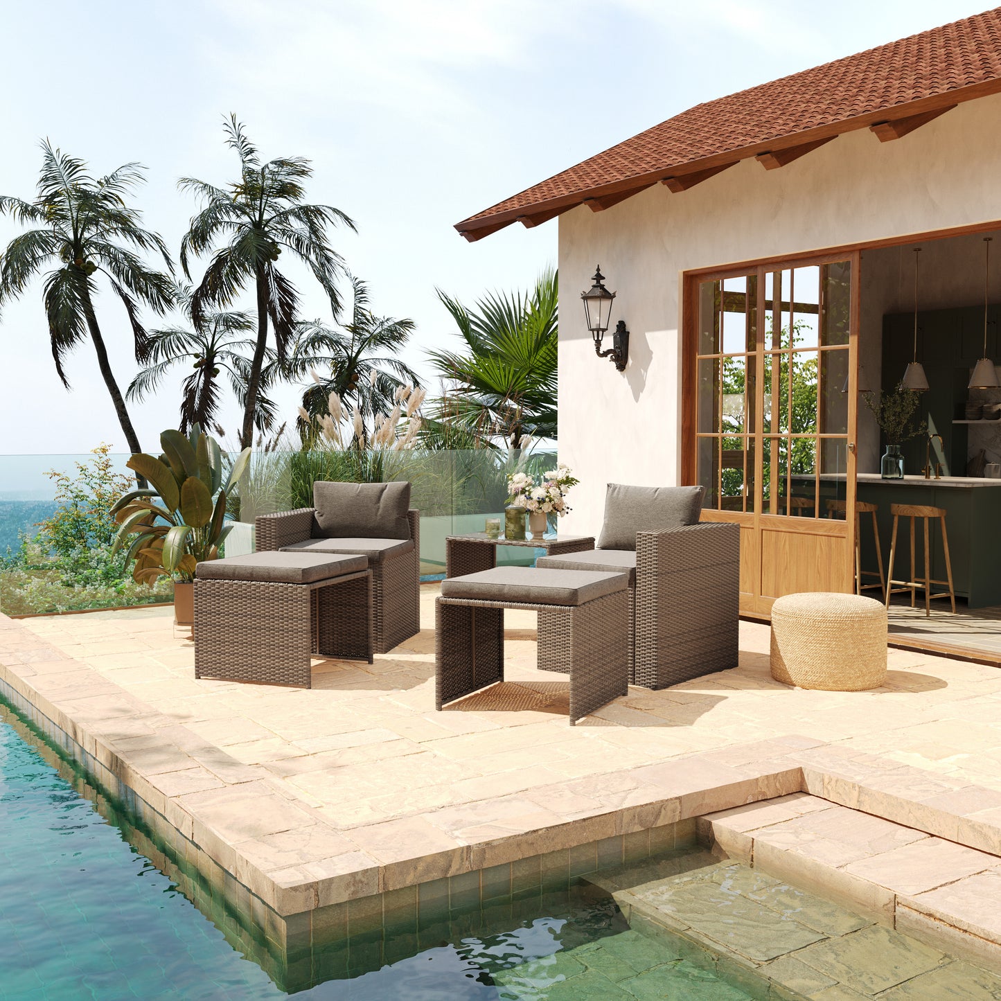 Nico Indoor/Outdoor Modular Loveseat Sofa Set with Table and Ottomans, Gray Cushions and Natural Rattan