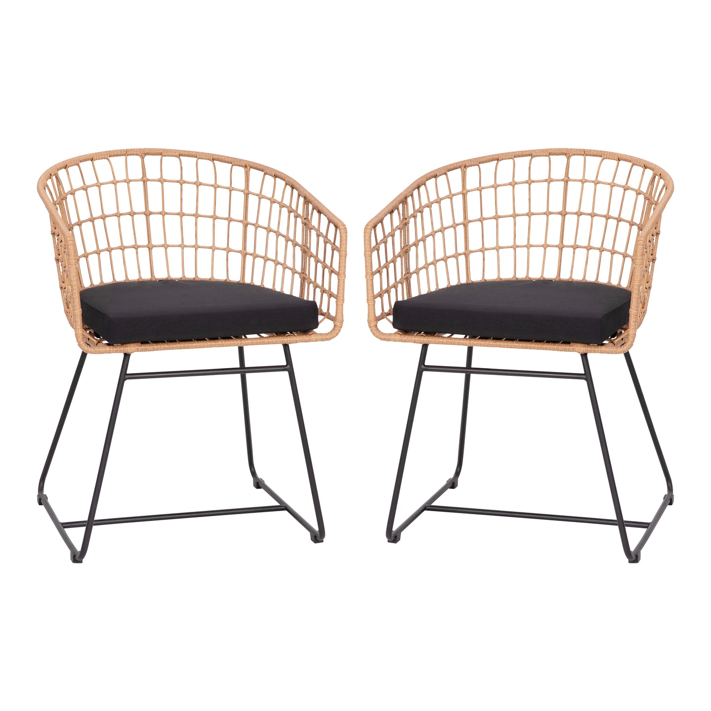 Devon Set of 2 Indoor/Outdoor Patio Boho Club Chairs, Rope with Natural PE Wicker Rattan, Black Cushions and Sled Base