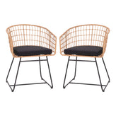 Devon Set of 2 Indoor/Outdoor Patio Boho Club Chairs, Rope with Natural PE Wicker Rattan, Black Cushions and Sled Base