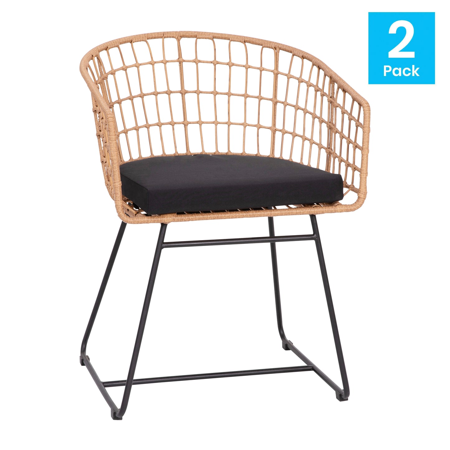 Devon Set of 2 Indoor/Outdoor Patio Boho Club Chairs, Rope with Natural PE Wicker Rattan, Black Cushions and Sled Base
