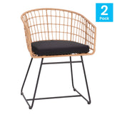 Devon Set of 2 Indoor/Outdoor Patio Boho Club Chairs, Rope with Natural PE Wicker Rattan, Black Cushions and Sled Base
