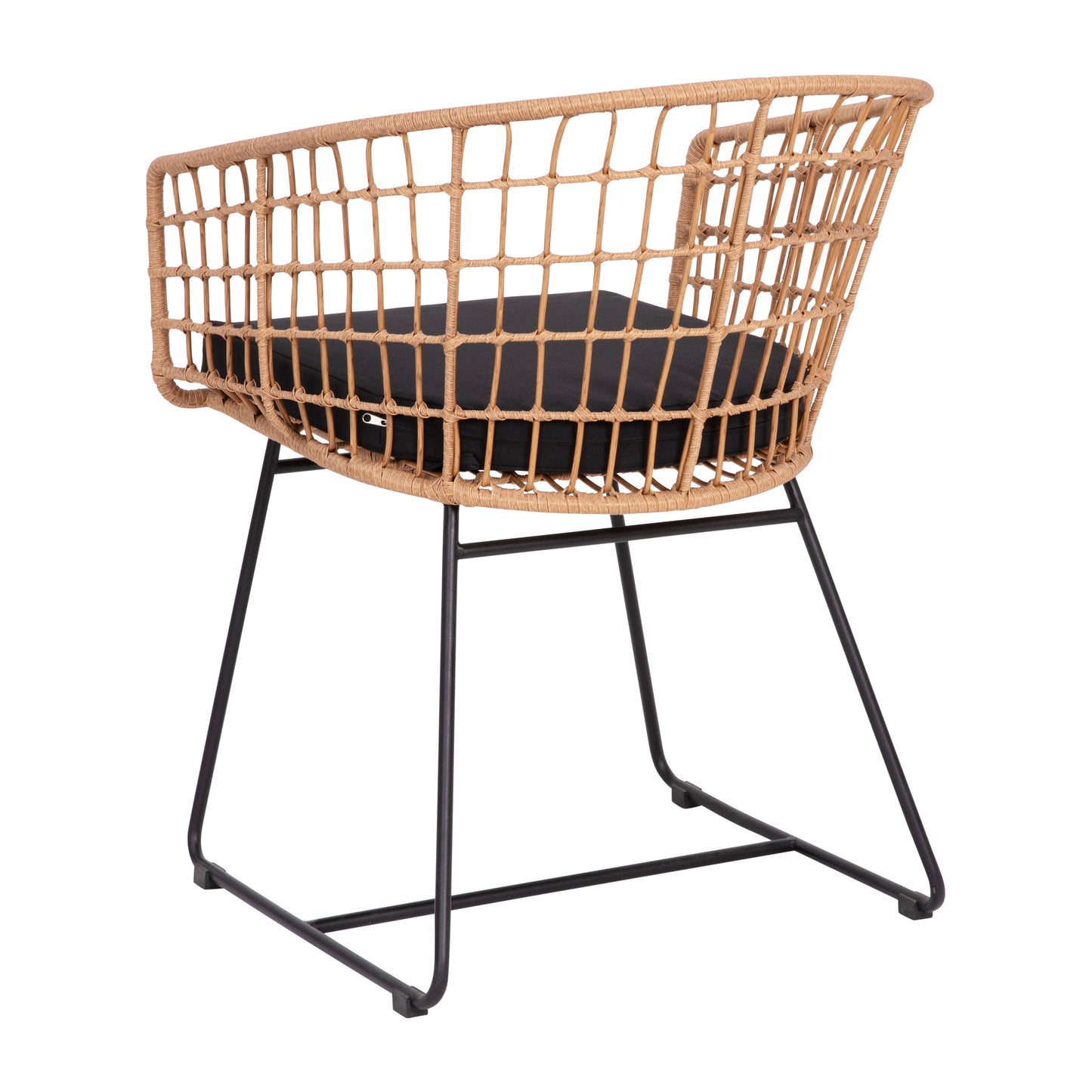 Devon Set of 2 Indoor/Outdoor Patio Boho Club Chairs, Rope with Natural PE Wicker Rattan, Black Cushions and Sled Base