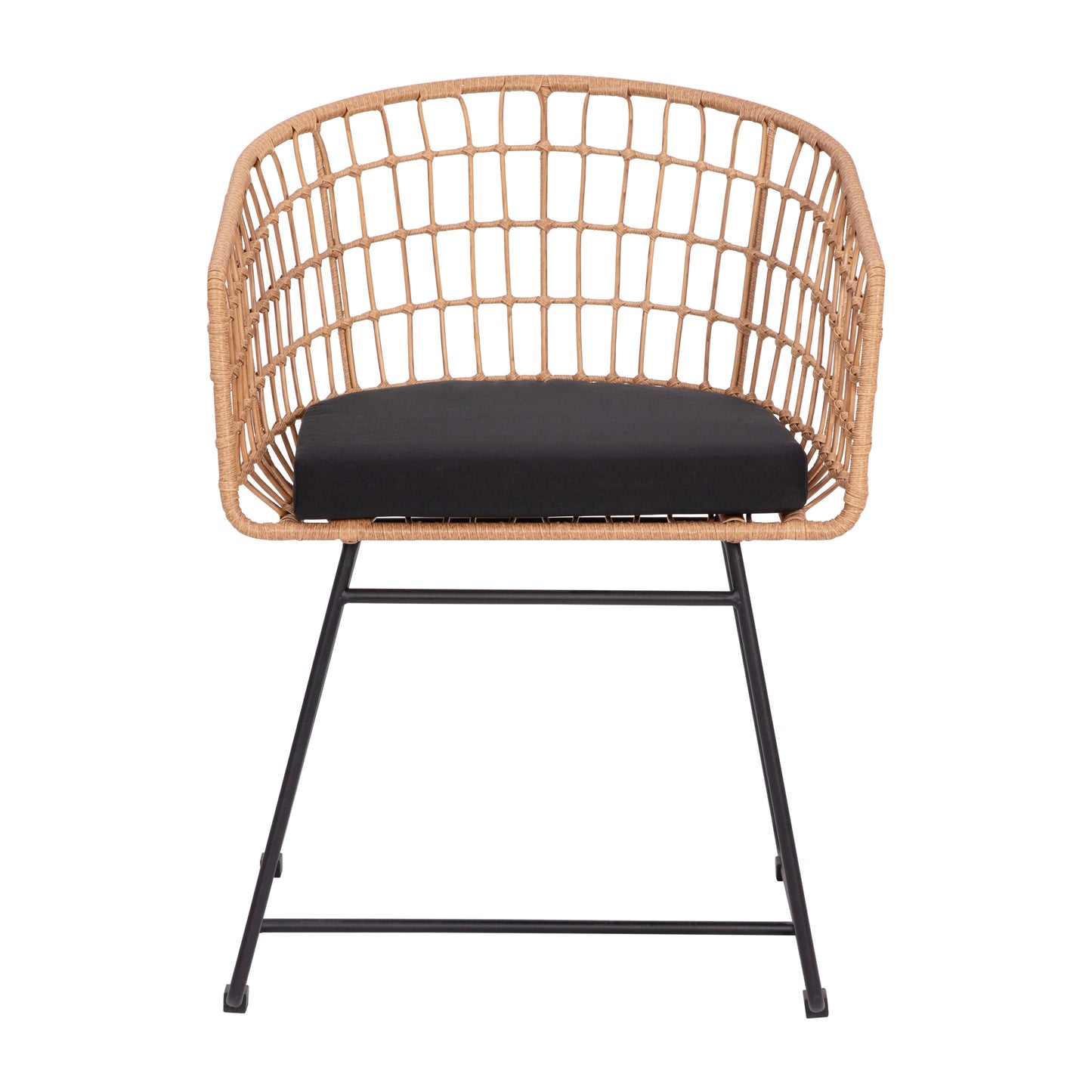 Devon Set of 2 Indoor/Outdoor Patio Boho Club Chairs, Rope with Natural PE Wicker Rattan, Black Cushions and Sled Base
