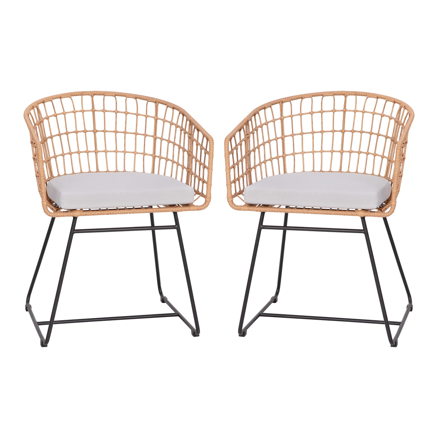 Devon Set of 2 Indoor/Outdoor Patio Boho Club Chairs, Rope with Natural PE Wicker Rattan, Light Gray Cushions and Sled Base