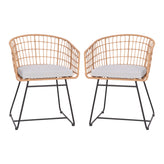 Devon Set of 2 Indoor/Outdoor Patio Boho Club Chairs, Rope with Natural PE Wicker Rattan, Light Gray Cushions and Sled Base
