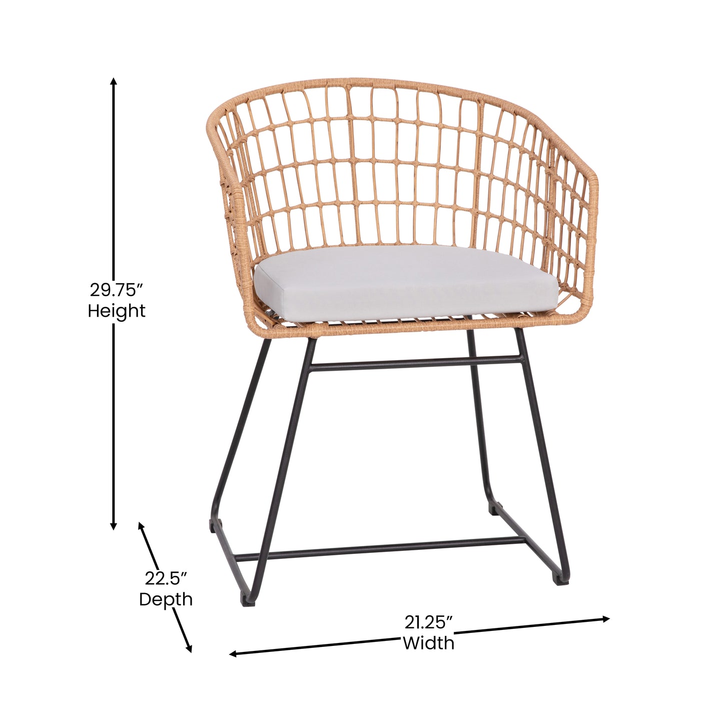 Devon Set of 2 Indoor/Outdoor Patio Boho Club Chairs, Rope with Natural PE Wicker Rattan, Light Gray Cushions and Sled Base