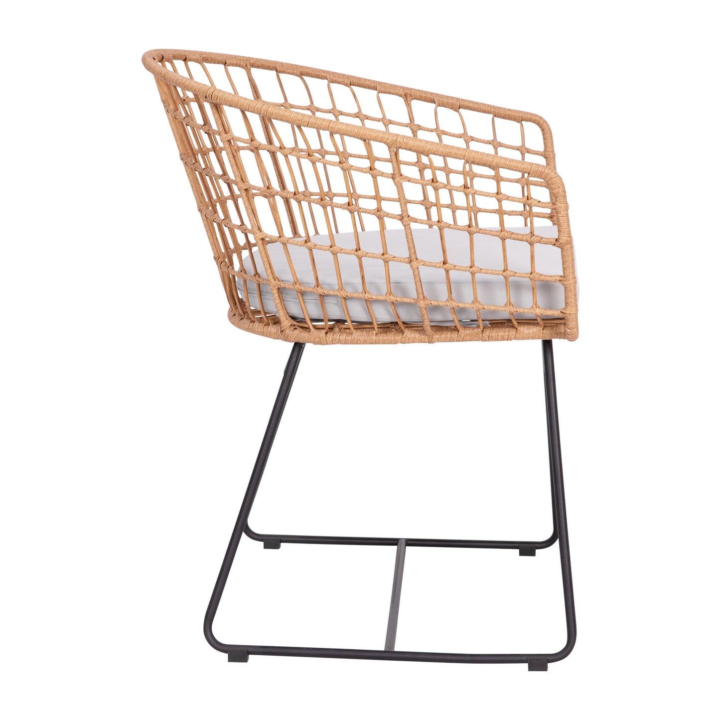 Devon Set of 2 Indoor/Outdoor Patio Boho Club Chairs, Rope with Natural PE Wicker Rattan, Light Gray Cushions and Sled Base