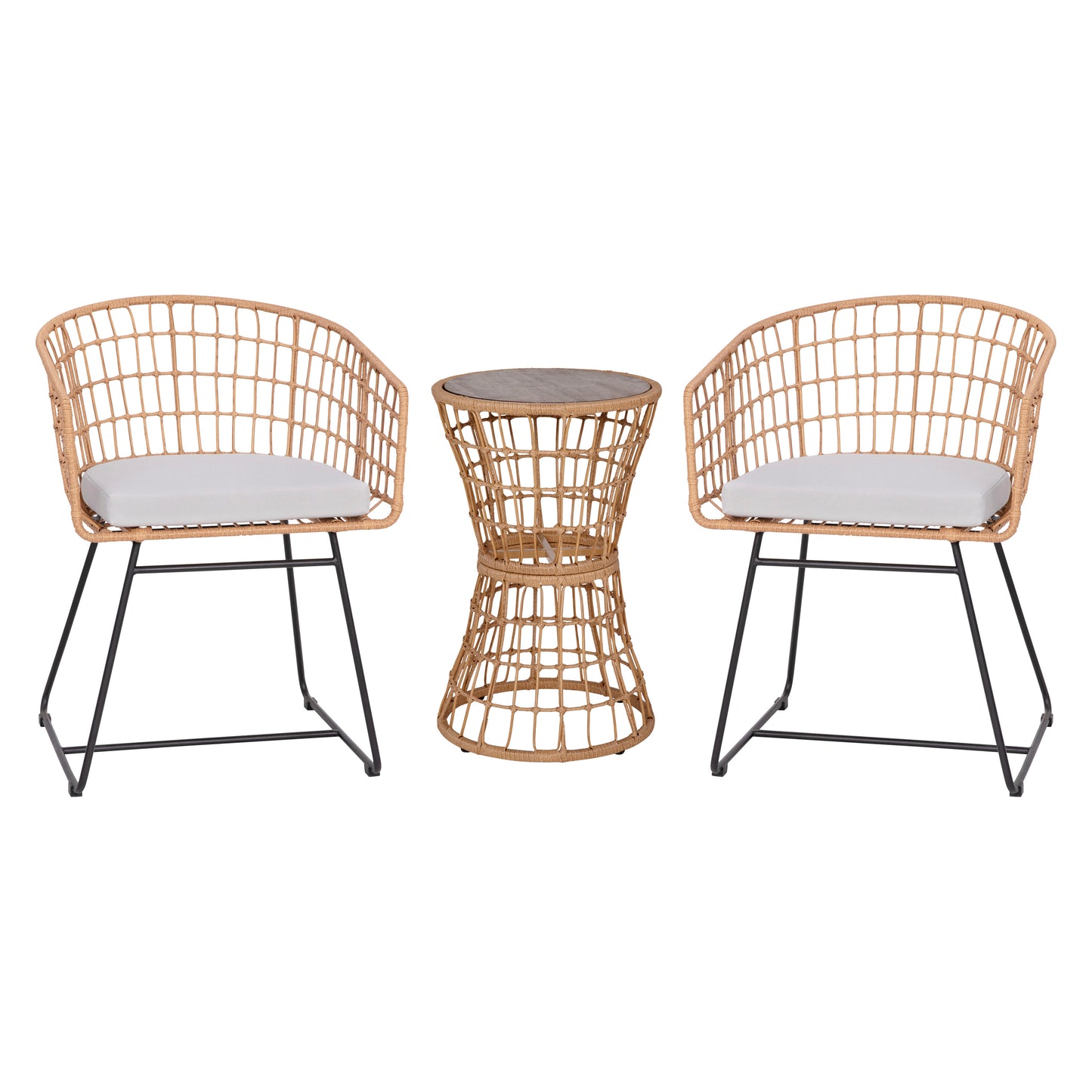 Devon 3-Piece Natural Patio Bistro Set, Indoor/Outdoor Rattan Rope Chairs, Acacia Wood Top Table & Light Gray Seat Cushions