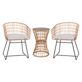 Devon 3-Piece Natural Patio Bistro Set, Indoor/Outdoor Rattan Rope Chairs, Acacia Wood Top Table & Light Gray Seat Cushions
