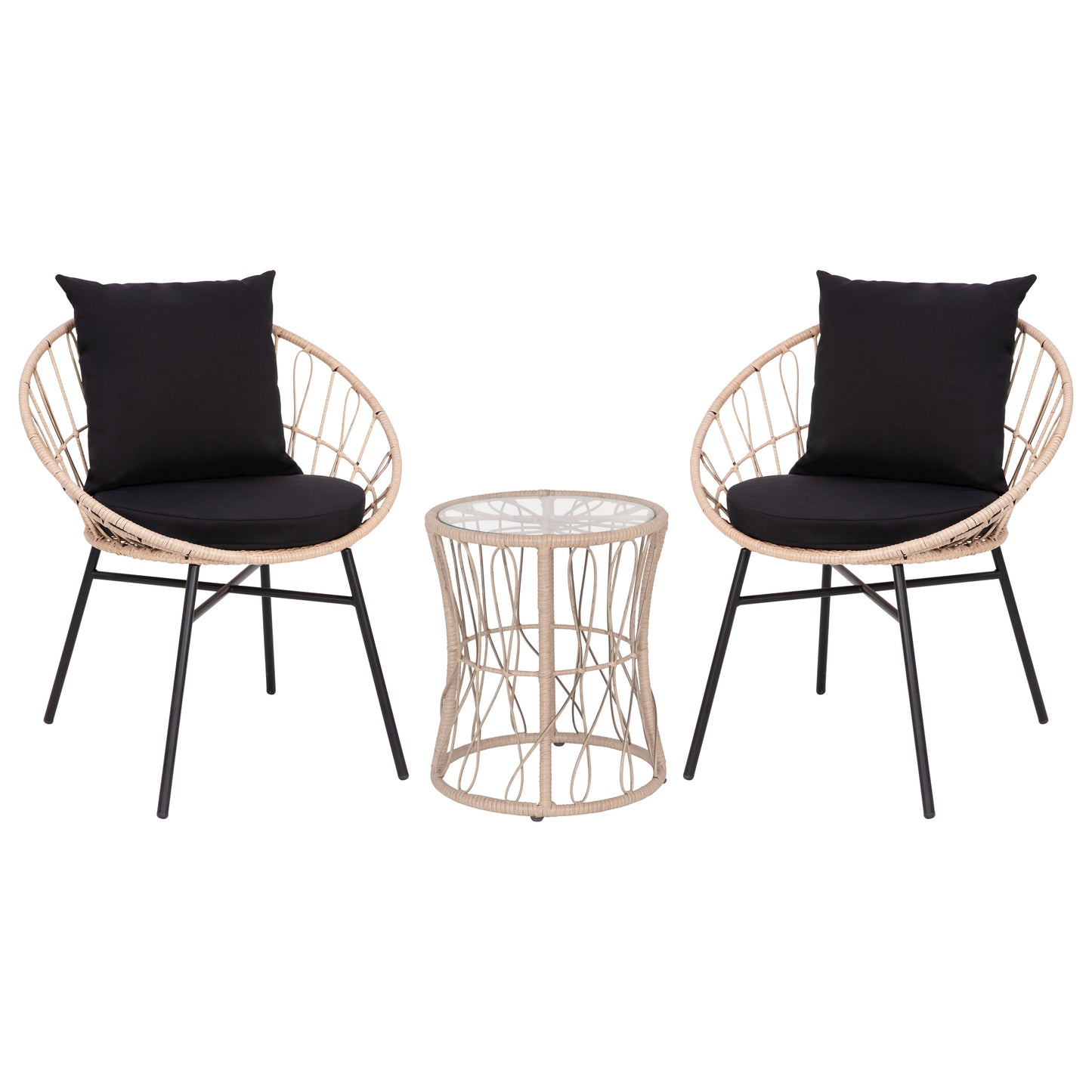 Devon 3-Piece Tan Indoor/Outdoor Bistro Set, Papasan Style Rattan Rope Chairs, Glass Top Side Table & Black Cushions