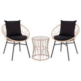 Devon 3-Piece Tan Indoor/Outdoor Bistro Set, Papasan Style Rattan Rope Chairs, Glass Top Side Table & Black Cushions