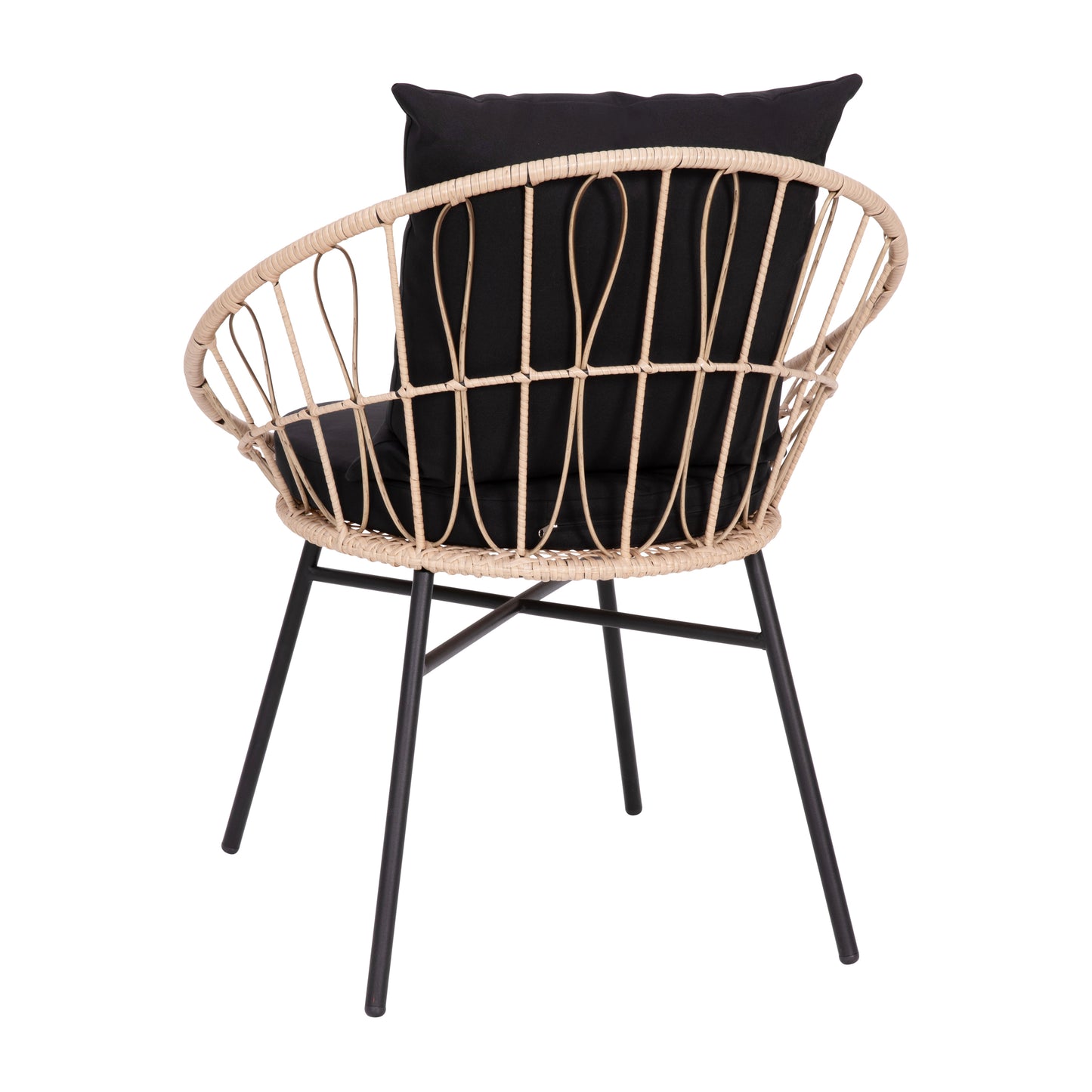 Devon 3-Piece Tan Indoor/Outdoor Bistro Set, Papasan Style Rattan Rope Chairs, Glass Top Side Table & Black Cushions