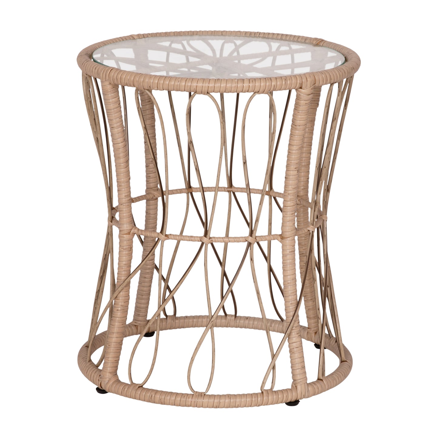 Devon 3-Piece Tan Indoor/Outdoor Bistro Set, Papasan Style Rattan Rope Chairs, Glass Top Side Table & Black Cushions