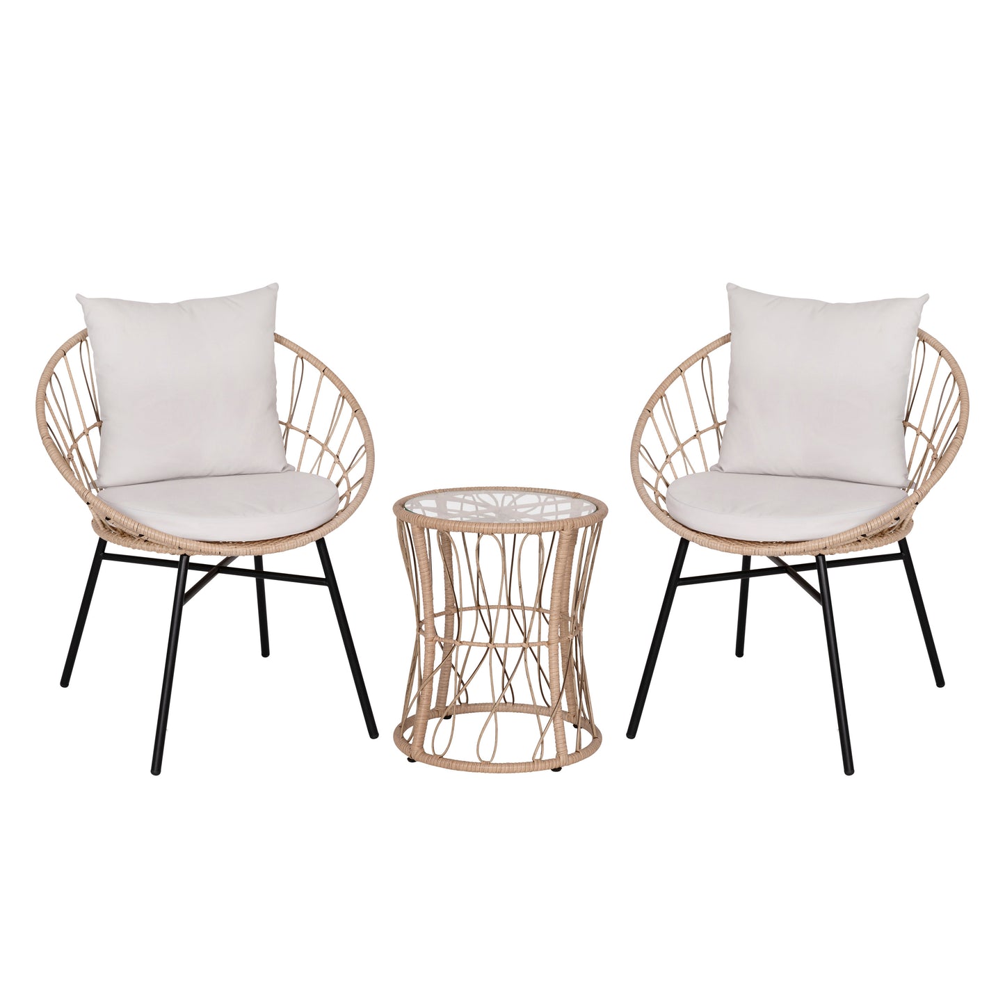 Devon 3-Piece Tan Indoor/Outdoor Bistro Set, Papasan Style Rattan Rope Chairs, Glass Top Side Table & Light Gray Cushions
