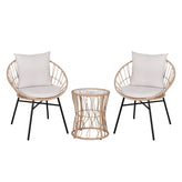 Devon 3-Piece Tan Indoor/Outdoor Bistro Set, Papasan Style Rattan Rope Chairs, Glass Top Side Table & Light Gray Cushions