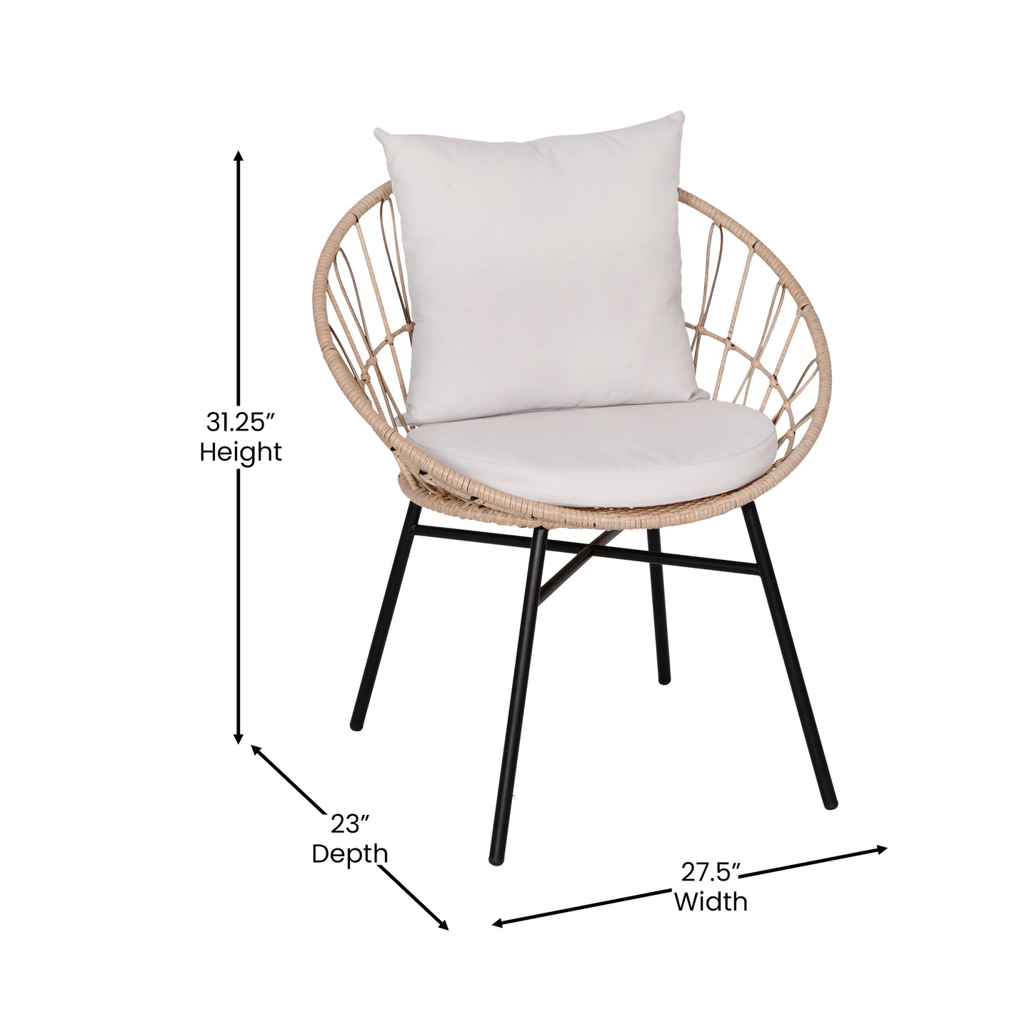Devon 3-Piece Tan Indoor/Outdoor Bistro Set, Papasan Style Rattan Rope Chairs, Glass Top Side Table & Light Gray Cushions