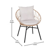 Devon 3-Piece Tan Indoor/Outdoor Bistro Set, Papasan Style Rattan Rope Chairs, Glass Top Side Table & Light Gray Cushions