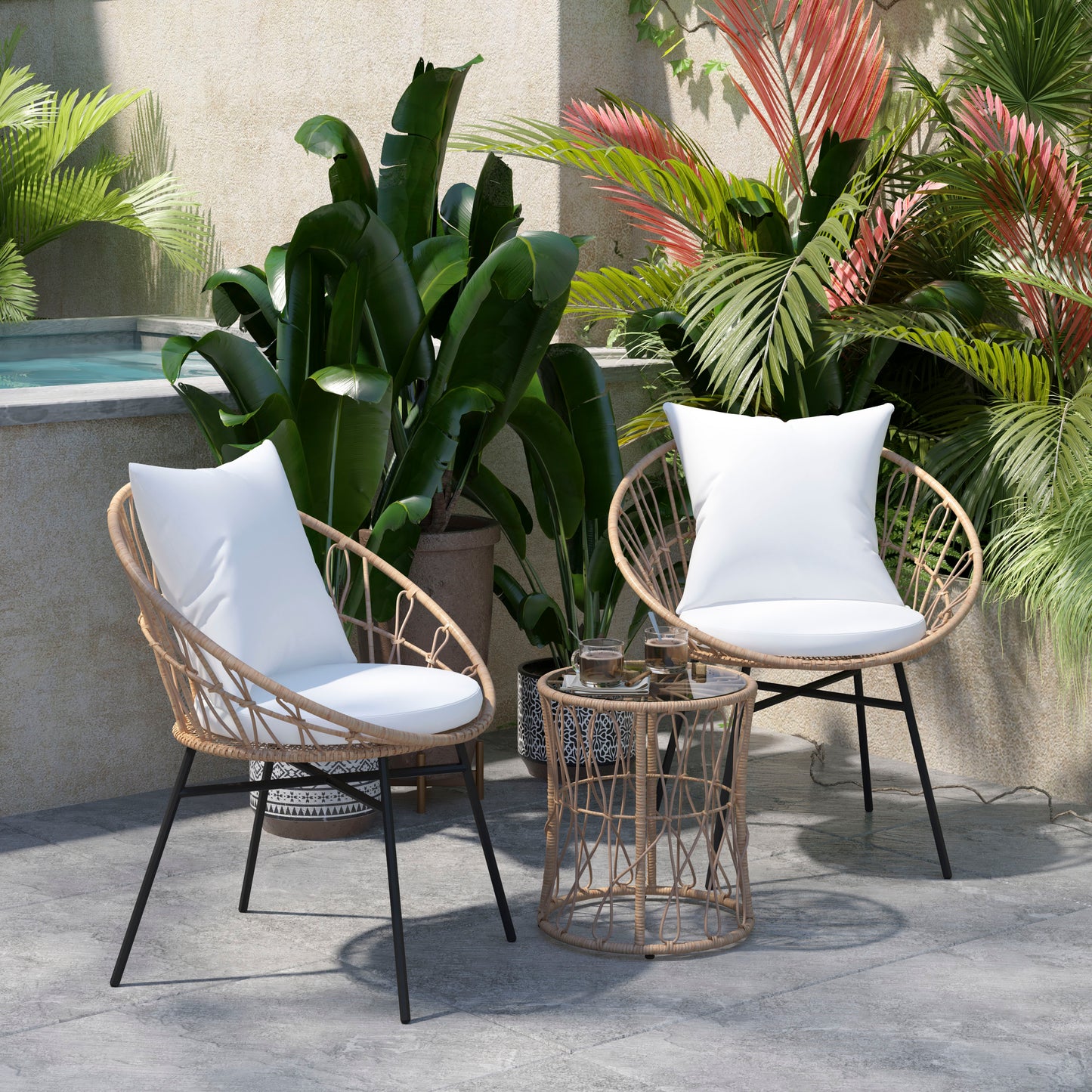 Devon 3-Piece Tan Indoor/Outdoor Bistro Set, Papasan Style Rattan Rope Chairs, Glass Top Side Table & Light Gray Cushions