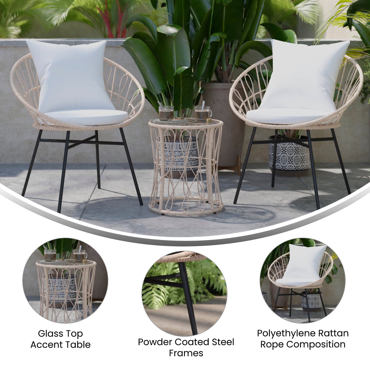 Devon 3-Piece Tan Indoor/Outdoor Bistro Set, Papasan Style Rattan Rope Chairs, Glass Top Side Table & Light Gray Cushions