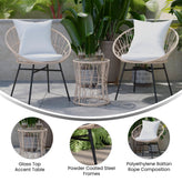 Devon 3-Piece Tan Indoor/Outdoor Bistro Set, Papasan Style Rattan Rope Chairs, Glass Top Side Table & Light Gray Cushions
