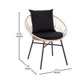 Devon Set of 2 Indoor/Outdoor Modern Papasan Patio Chairs, Rope with Tan Finish PE Wicker Rattan and Black Cushions