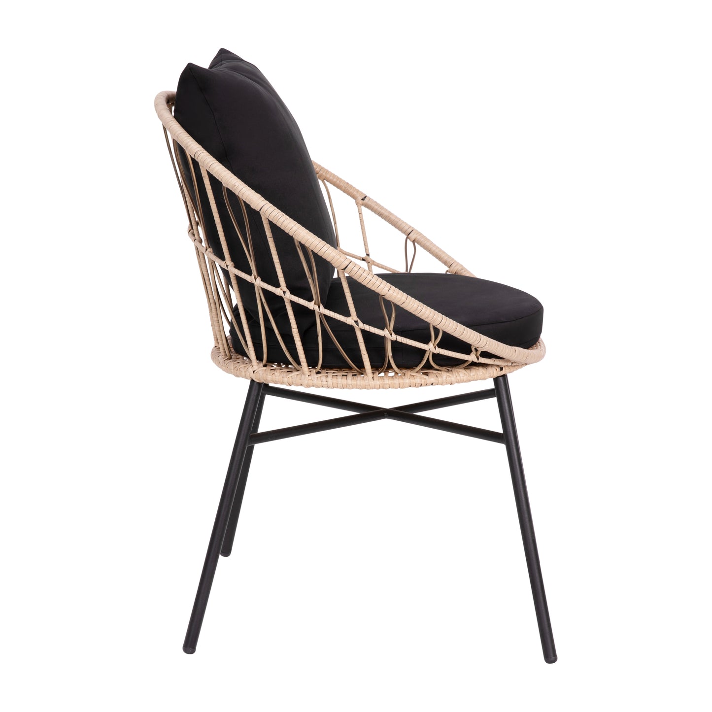 Devon Set of 2 Indoor/Outdoor Modern Papasan Patio Chairs, Rope with Tan Finish PE Wicker Rattan and Black Cushions