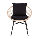 Devon Set of 2 Indoor/Outdoor Modern Papasan Patio Chairs, Rope with Tan Finish PE Wicker Rattan and Black Cushions