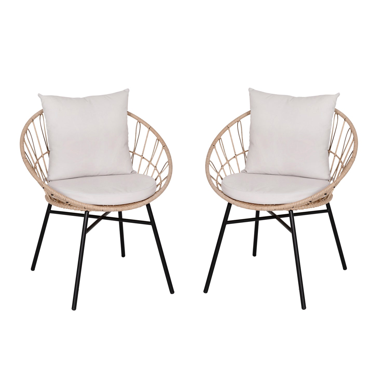 Devon Set of 2 Indoor/Outdoor Modern Papasan Patio Chairs, Rope with Tan Finish PE Wicker Rattan and Light Gray Cushions